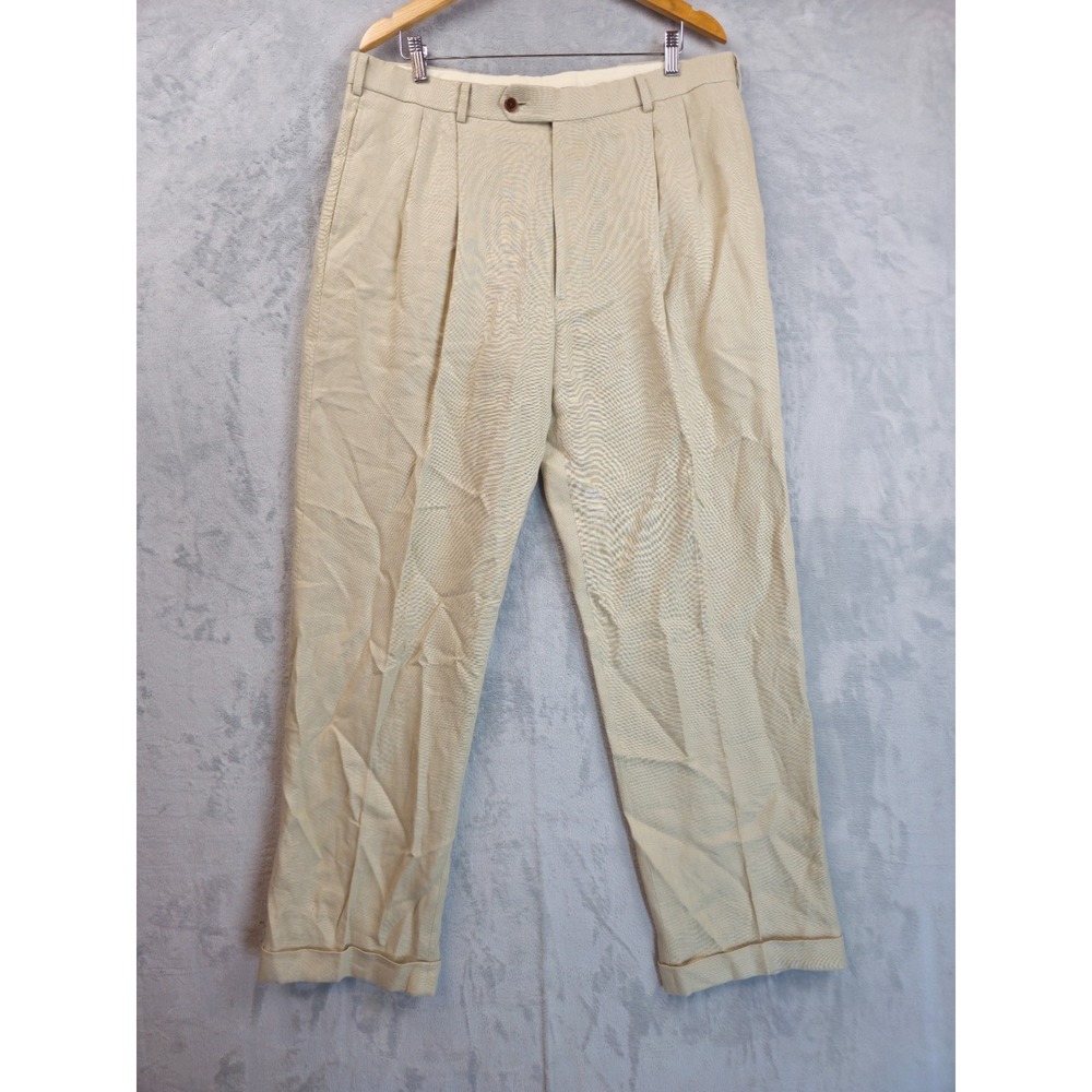 Brooks Brothers 38x32 Khaki Tan 100% Irish Linen Pleated Cuff High Waist Pants